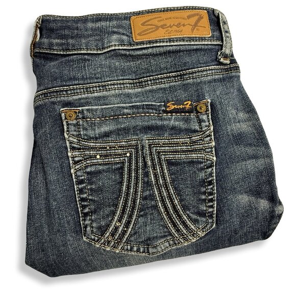 Seven7 Jeans Womens 12 Boot Cut Stretch Blue Denim Embroidered Pockets 33x27 - Picture 1 of 12